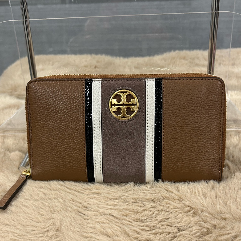 Tory Burch Brown And Black Wallet With Gold Emblem